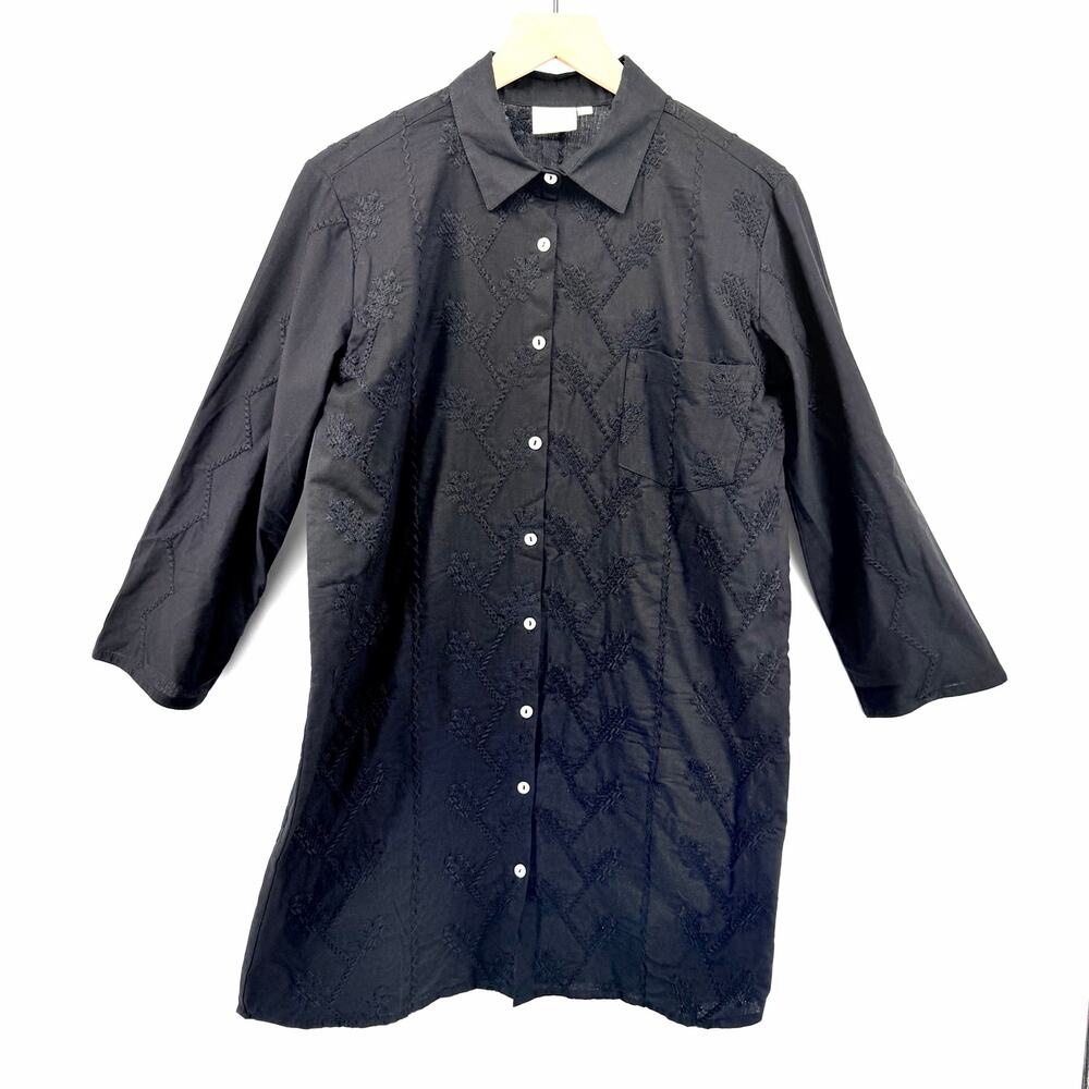 Julia Amory Black Embroidered Swizzle Tunic Shirtdress Sz S Quiet Luxury Resort